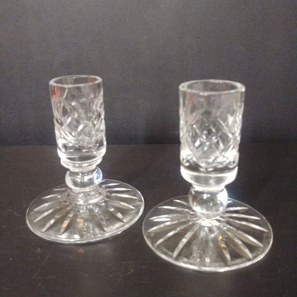 2 Royal Brierley England Diamond Cut Crystal 3" Taper Candlesticks. Etched sign.